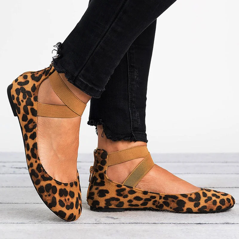 Women Spring Autumn Leopard Print Casual Fashion Soft Round Toe Solid Elastic Strap Flat Shoes