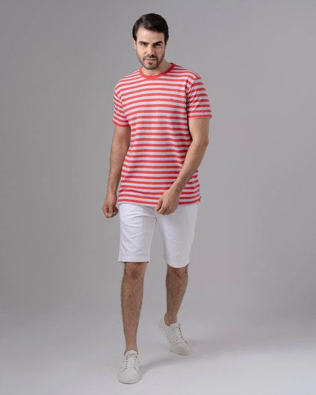 STRIPED ROUND NECK PIQUE T-SHIRT - MELON