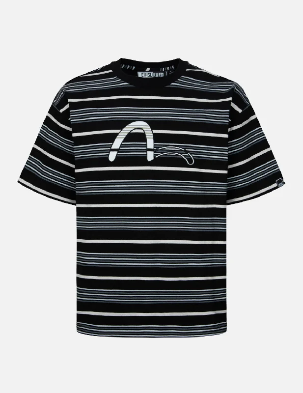 Striped Seagull Appliqué Embroidery Loose Fit T-shirt