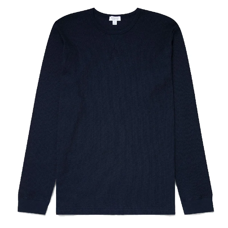 Sunspel Long Sleeve Waffle T-shirt Navy