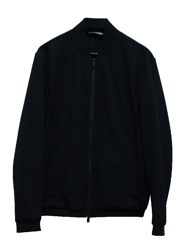 Armani Seersucker Bomber Jacket in Navy Blue Cotton