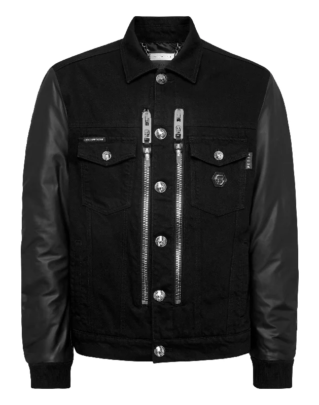 Denim Regular Jacket with Nylon Sleeves Hexagon