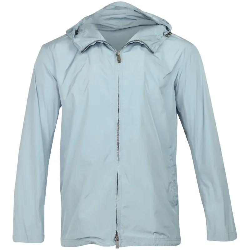 Jil Sander Hooded Windbreaker Jacket in Light Blue Polyester