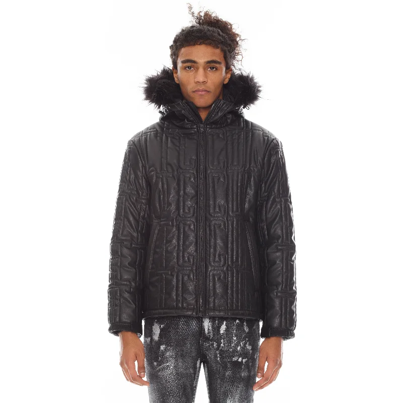 Leather Puffer Jacket With Fur Hood In Black