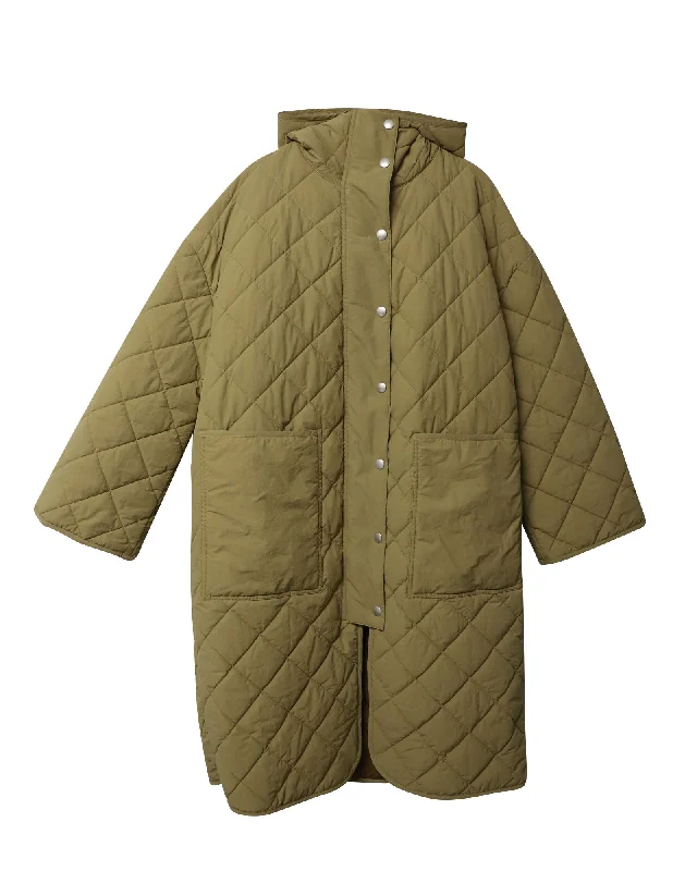 Palm Angels Quilted Hoodie Coat in Beige Polyamide