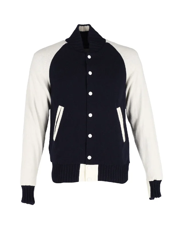 Sacai Varsity Bomber Jacket in Navy Blue Wool