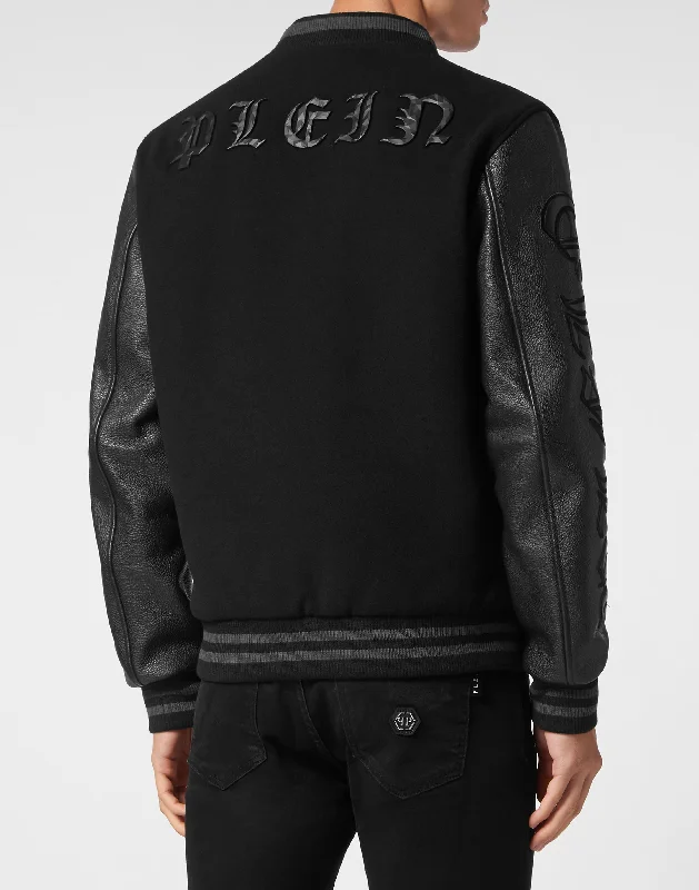 Wool College Bomber with Leather Arms Gothic Plein