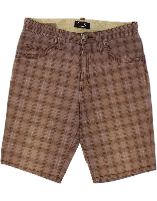 GUESS Mens Casual Shorts W29 Medium Brown Check Cotton