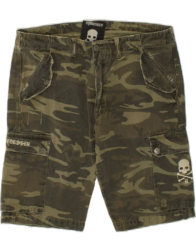 HYDROGEN Mens Graphic Cargo Shorts W33 Large Green Camouflage Cotton